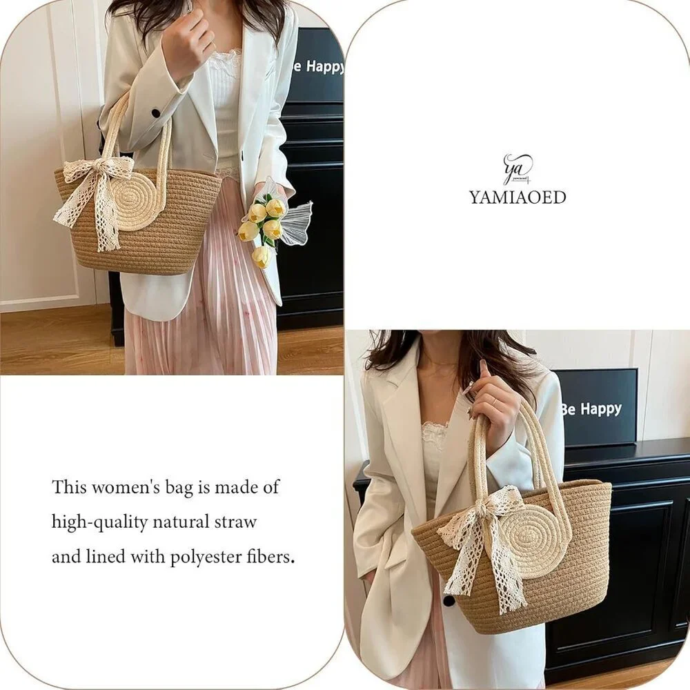 Women's Straw Beach Tote Bag Top Handle Shoulder Purse Summer Vintage